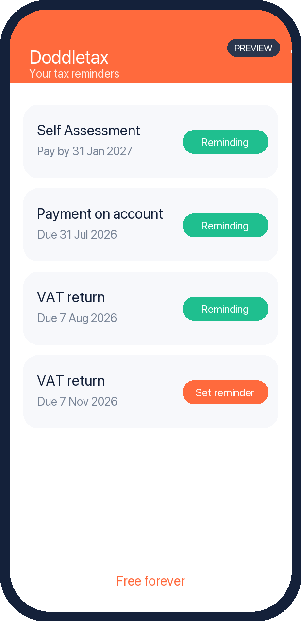 The Doddletax app showing tax reminders for Self Assessment and VAT