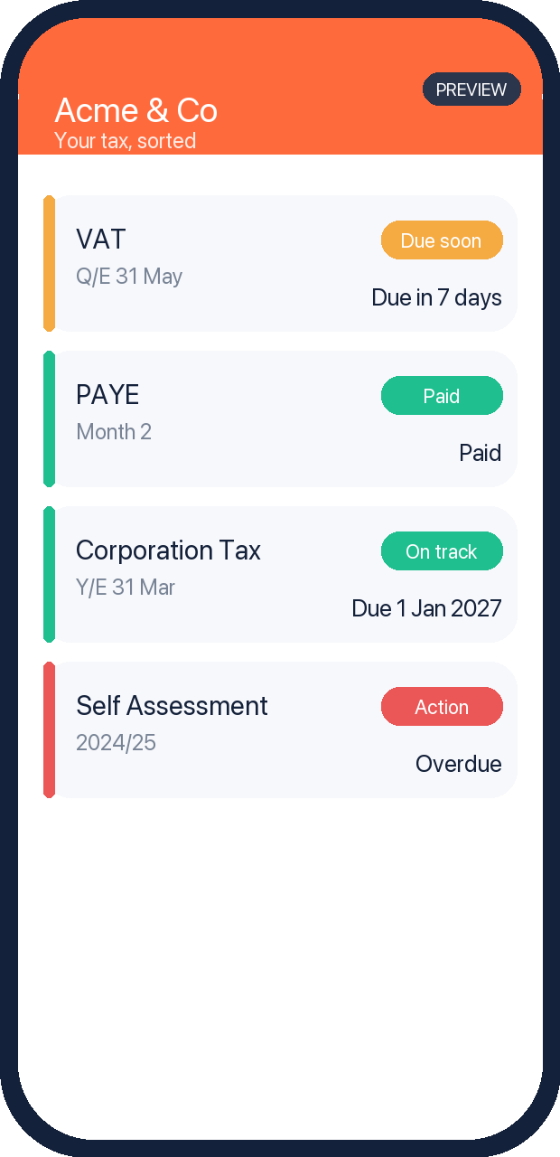 App home showing live VAT, PAYE, Corporation Tax and Self Assessment status (sample data)