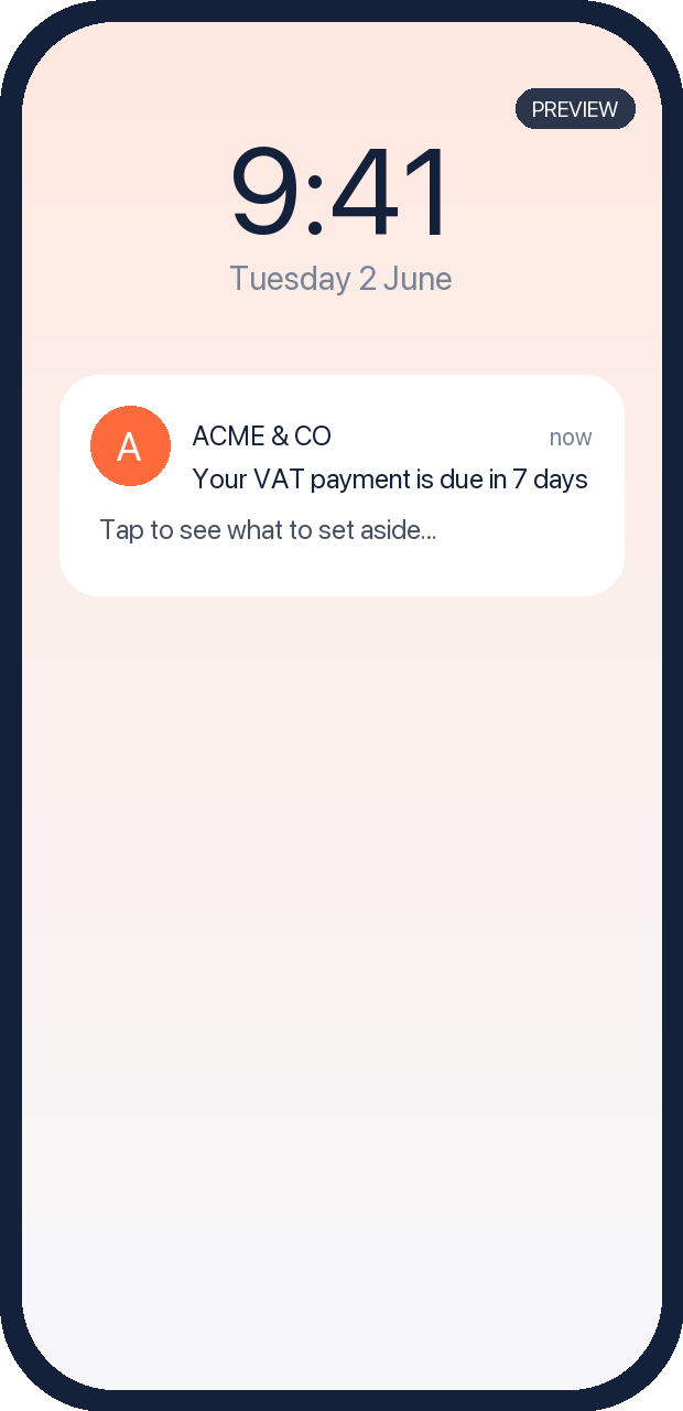Phone showing a push notification: your VAT payment is due in 7 days